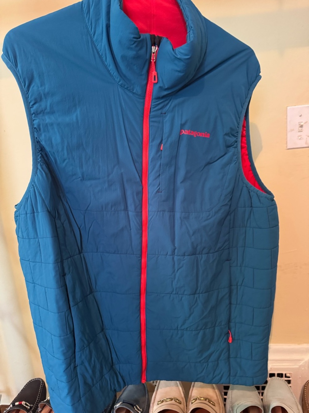 Patagonia Blue Puff Vest with Coral Trim
